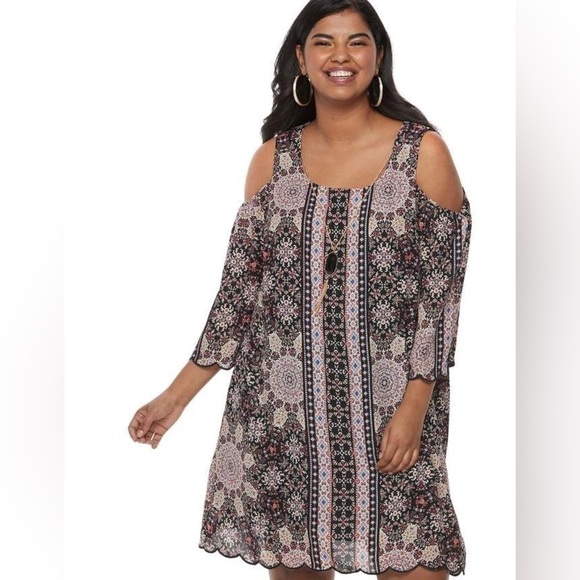 Lily Rose Abstract Floral Mandala Cold Shoulder Scalloped Hem Mini Dress Sz JXL - Picture 1 of 16